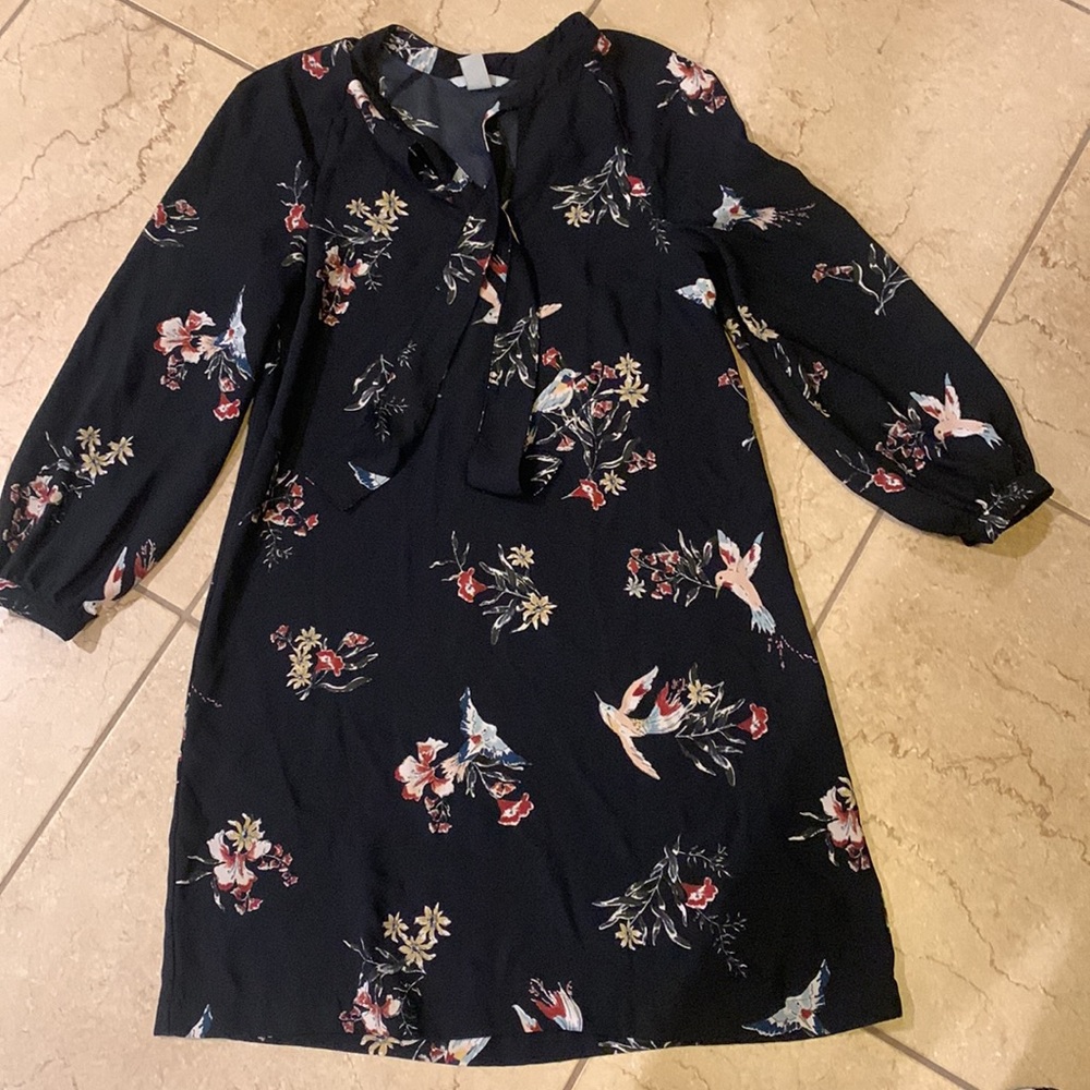 H&M+ Flowers Print Long Sleeve Shirt Dress Sz 2